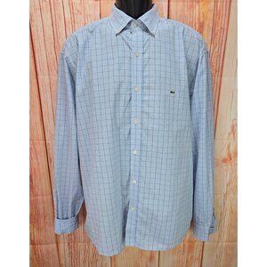 Lacoste Mens Slim Fit Button-Down Shirt Size 46 Cotton Blue Plaid Long Sleeve